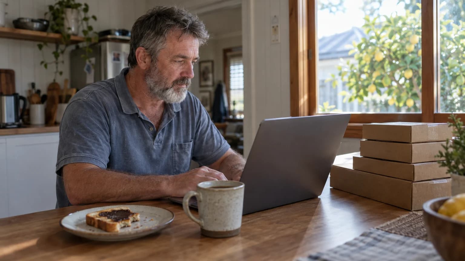 Grey-bearded man typing at a laptop on a kitchen bench beside toast, a coffee mug and a stack of mailer boxes