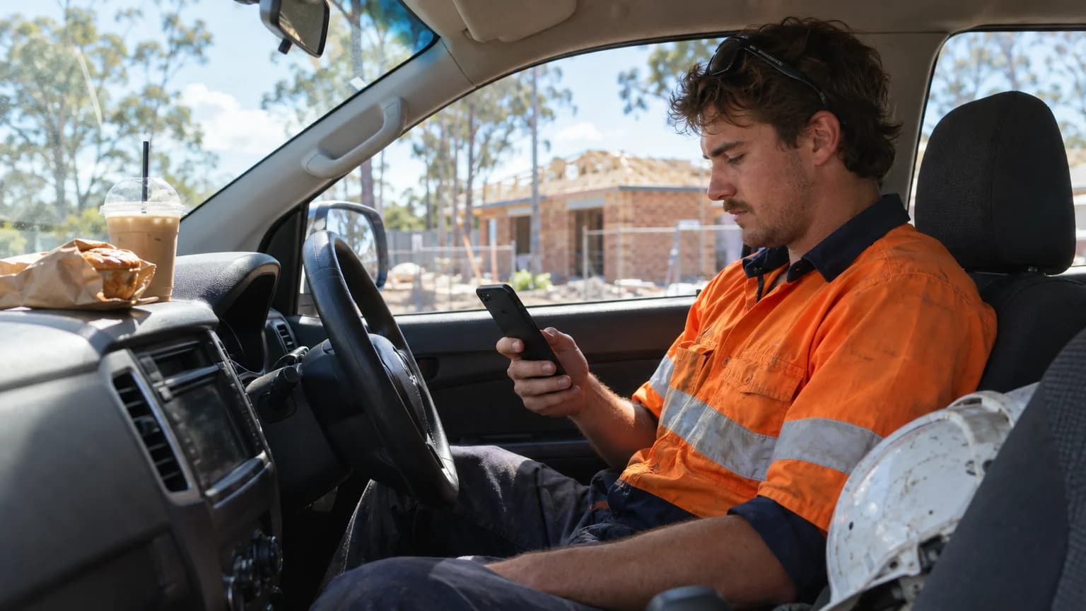 Young tradie in hi-vis sitting in a ute looking at his phone, a pie and iced coffee on the dash, a half-built brick house outside