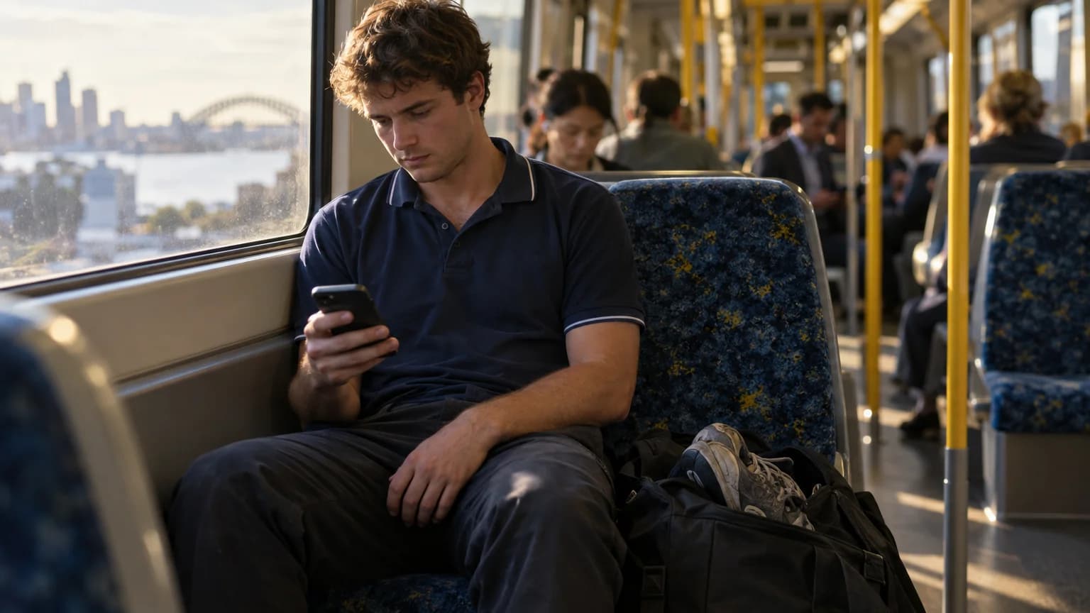 Young man on a Sydney train scrolling an online store on his phone, worn-out running shoes poking out of his bag