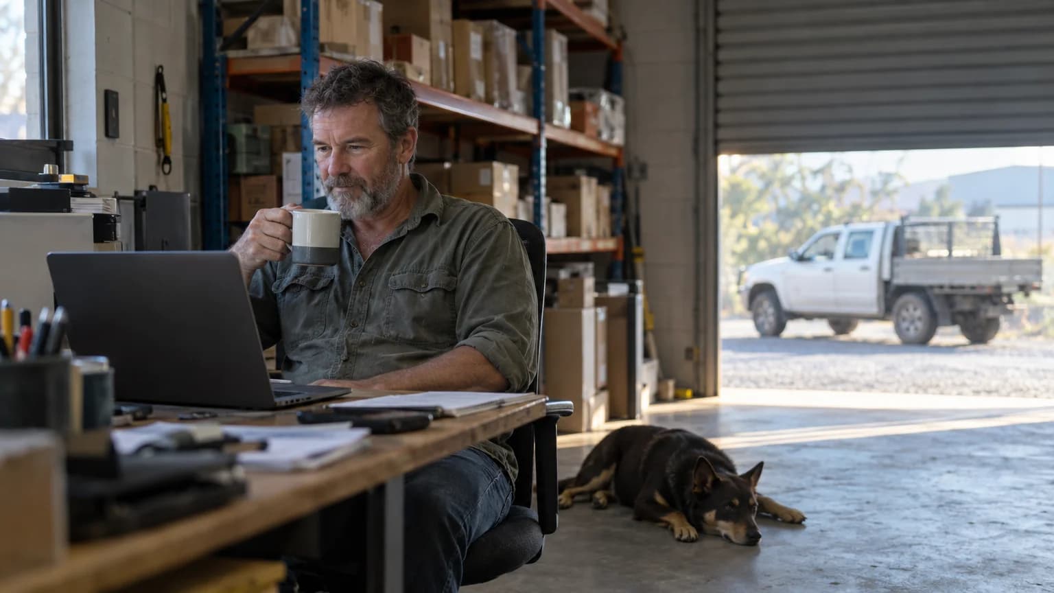 Bearded man drinking tea at a laptop in a small warehouse with shelves of boxes, a kelpie asleep on the floor and a ute outside