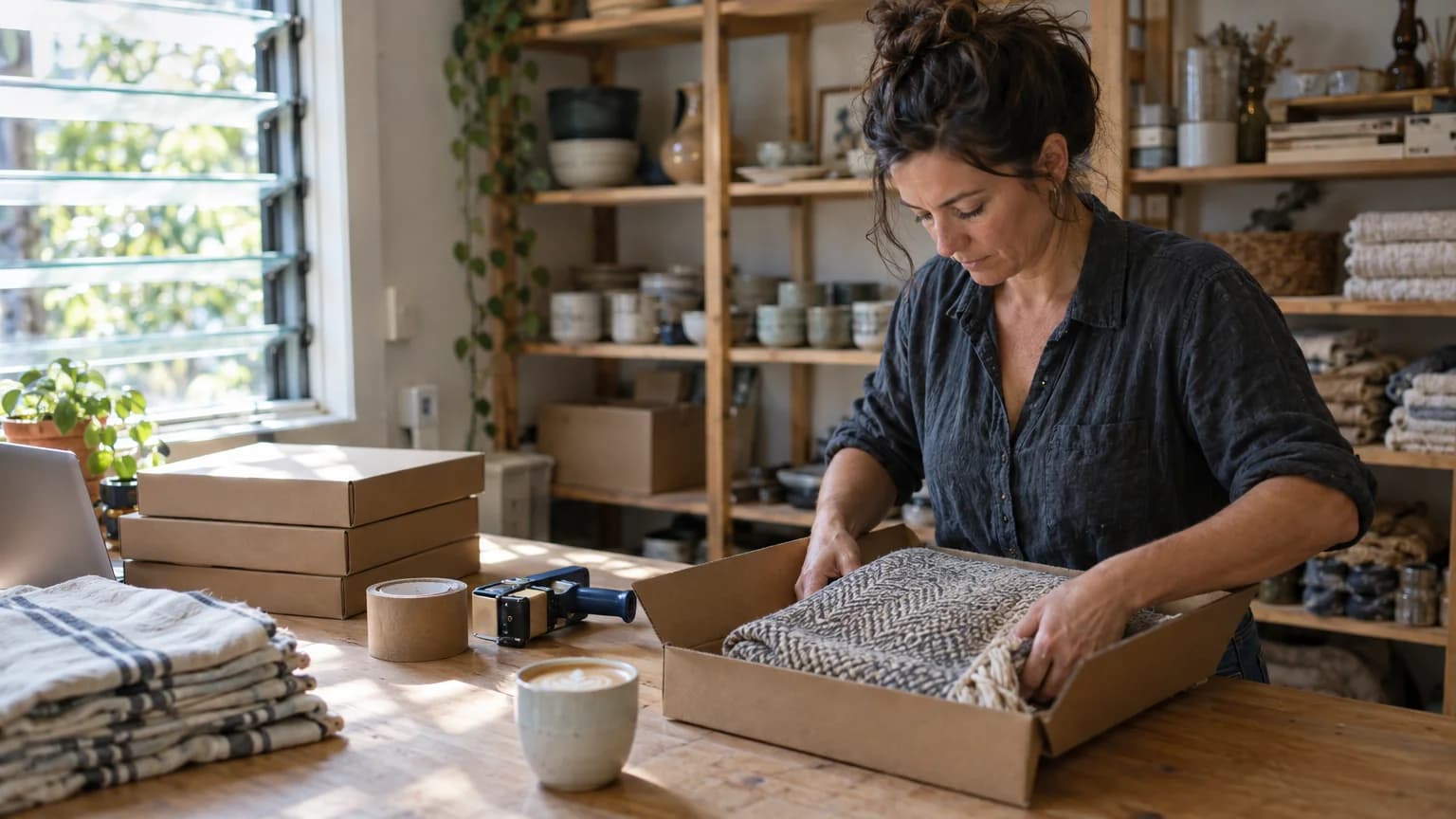 Woman packing a woven throw rug into a cardboard mailer box at a timber bench in the back room of a small homewares shop
