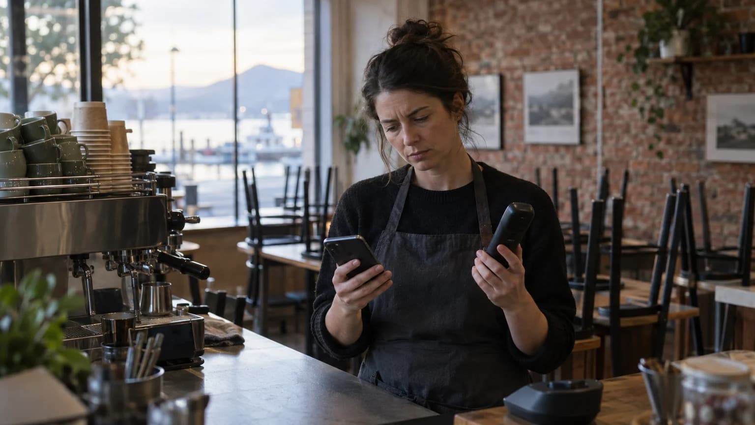 Café owner in an apron holding her mobile in one hand and the café's cordless phone in the other, chairs up on tables behind