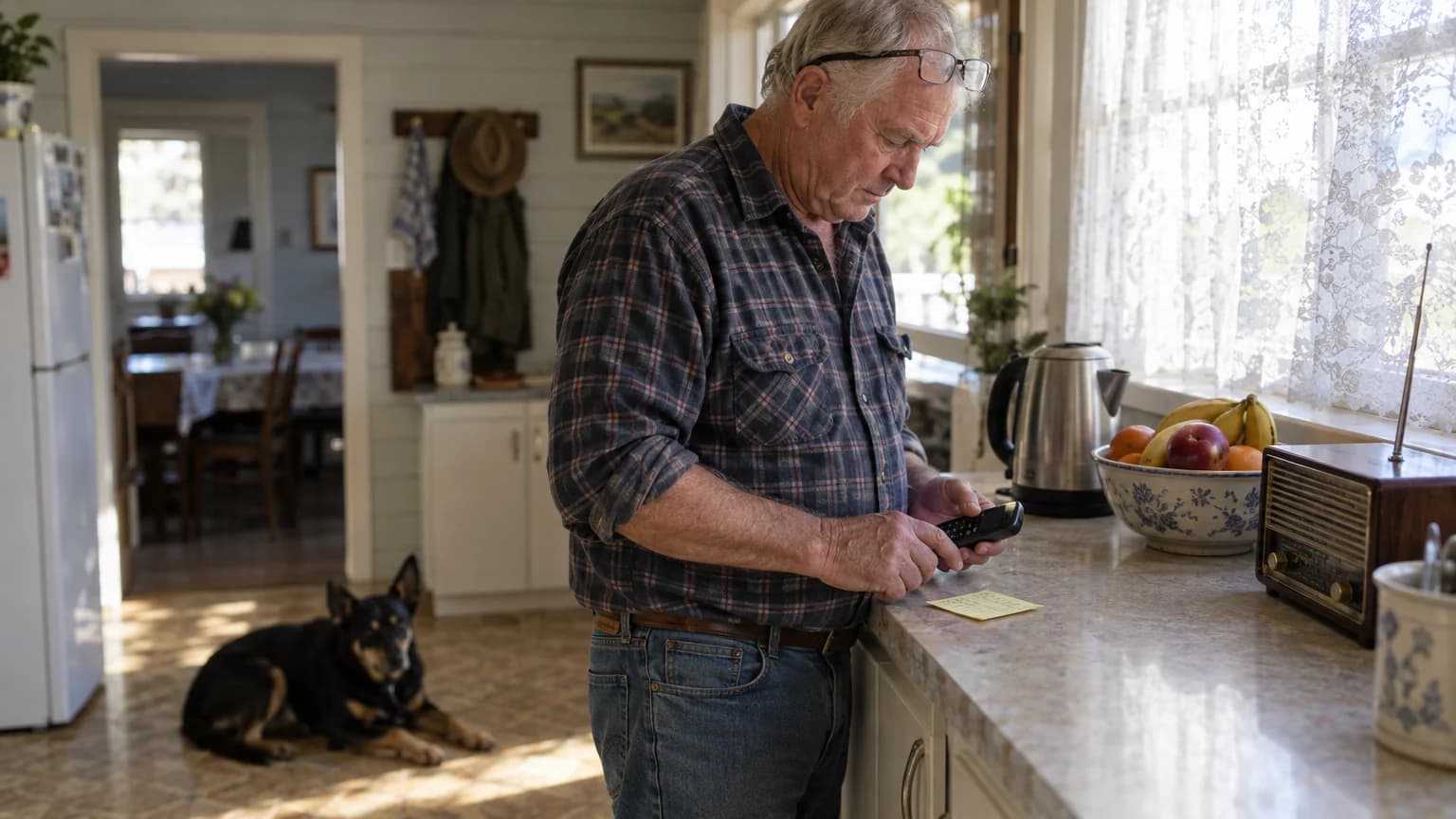 Older man in a flannel shirt pressing buttons on a cordless home phone in a country kitchen, a sticky note on the bench beside him