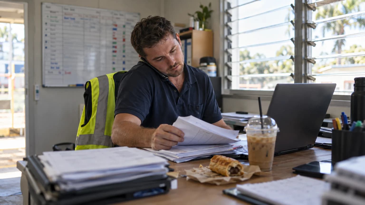 Office manager at a small plumbing business on the phone, flicking through paper job sheets beside an open laptop