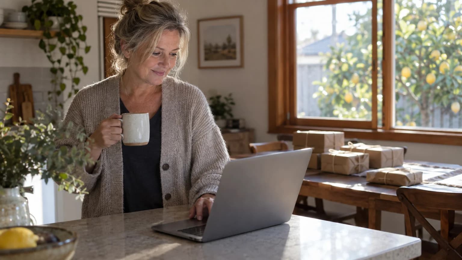 Woman at her kitchen bench at 7am with a coffee, reading her laptop, parcels ready to post on the table behind her