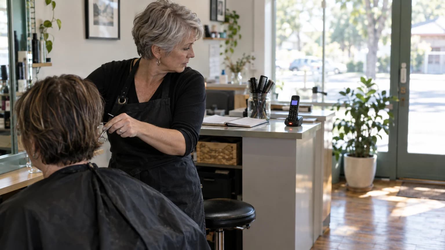 Grey-haired hairdresser cutting a client's hair in a small salon while a cordless phone rings on the front counter
