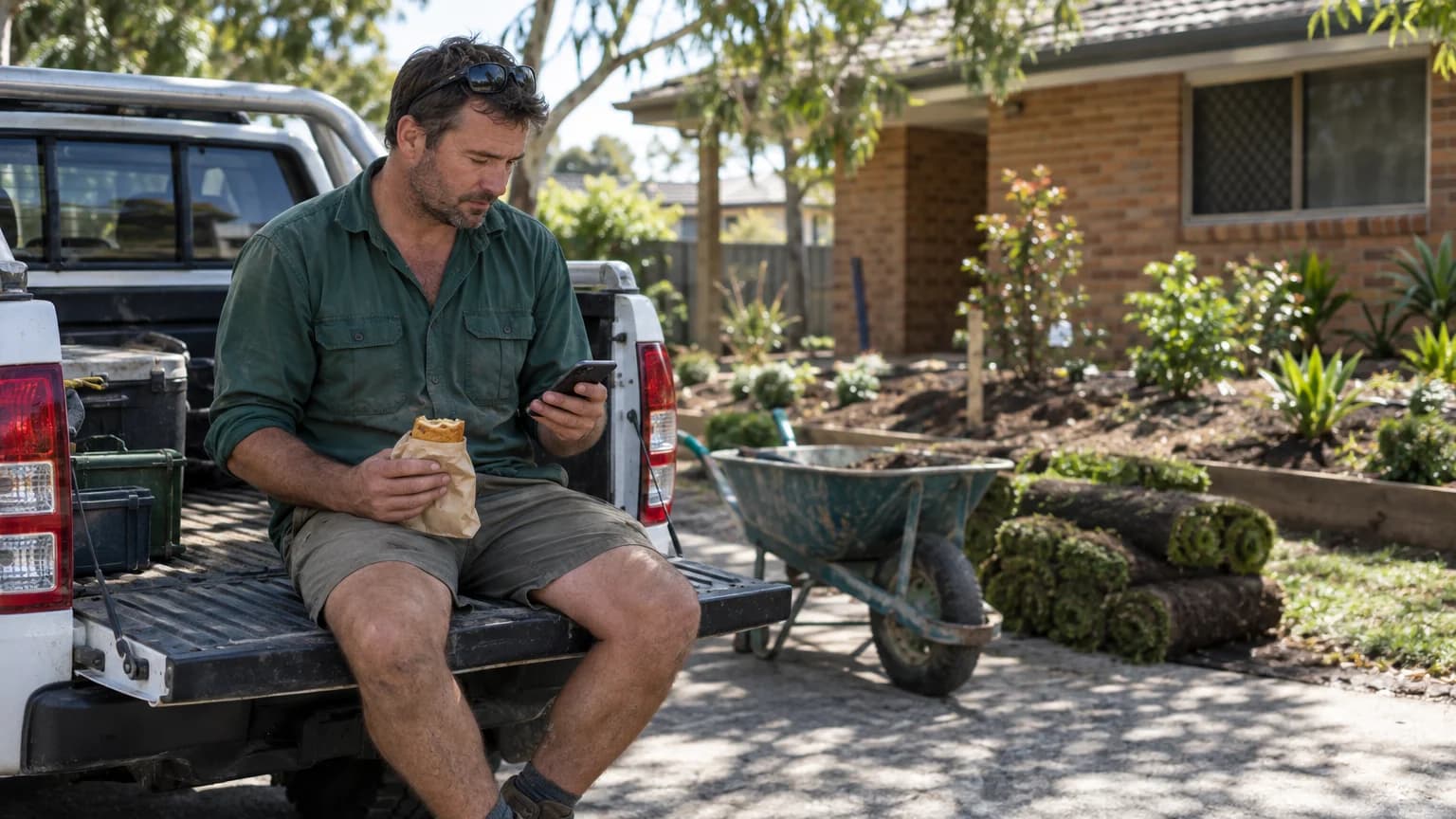 Landscaper in a green work shirt sitting on a ute tailgate reading his phone, a pie in his other hand, turf rolls nearby